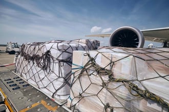 Palettes de fret aérien sur le tarmac d'un aéroport.