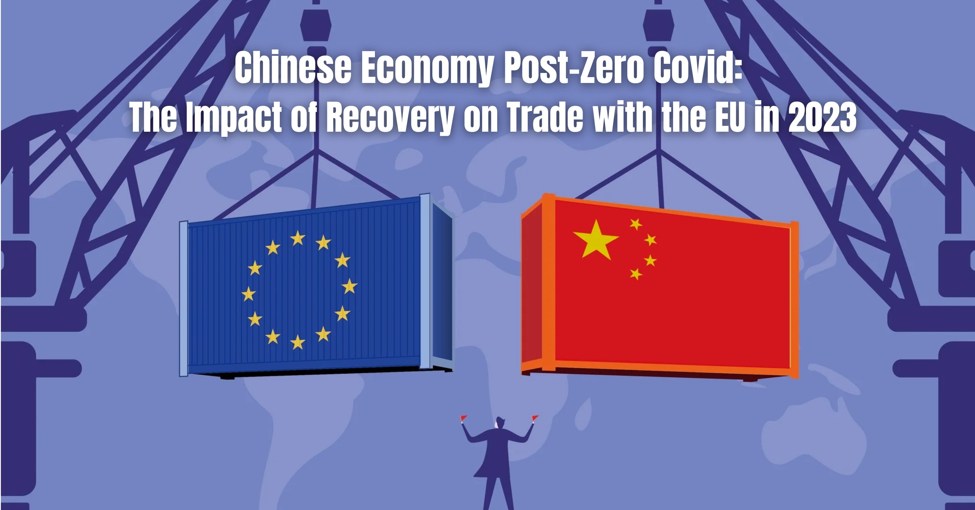 Tower crane lifting Chinese containers and EU containers.